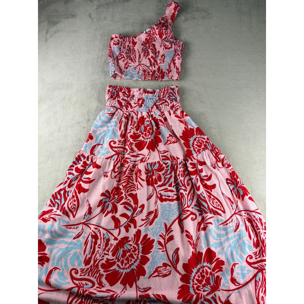 Paper Heart Linen Blend Pink Floral One Shoulder Crop Top and Maxi Skirt Set XS